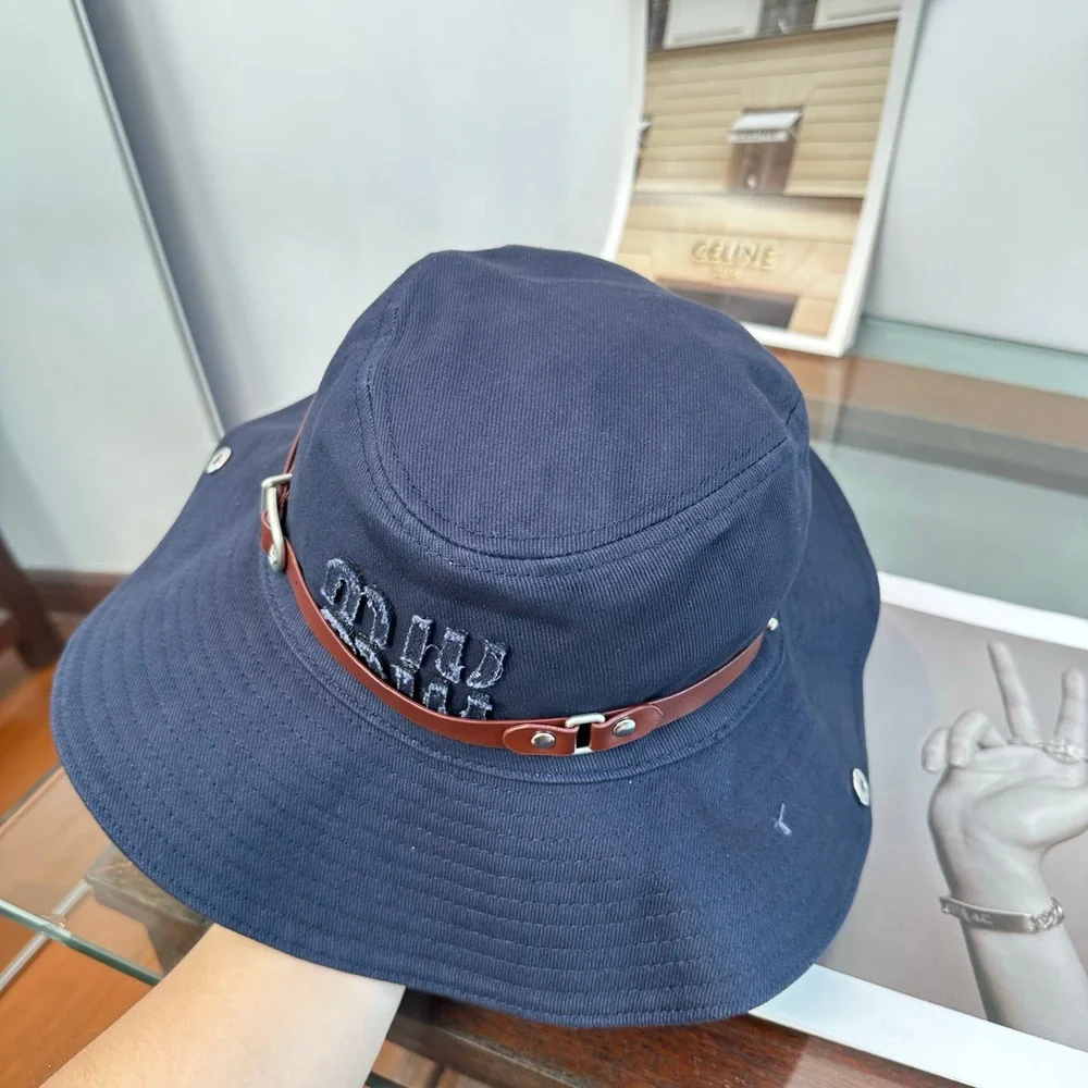 Miu Miu Navy Leather Strap Embroidered Wide Brim Bucket Hat